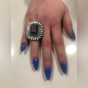 Black stone with rhinestone cocktail ring